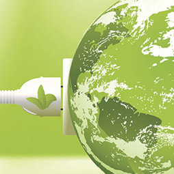 Symbolic power cord plugged into green Earth